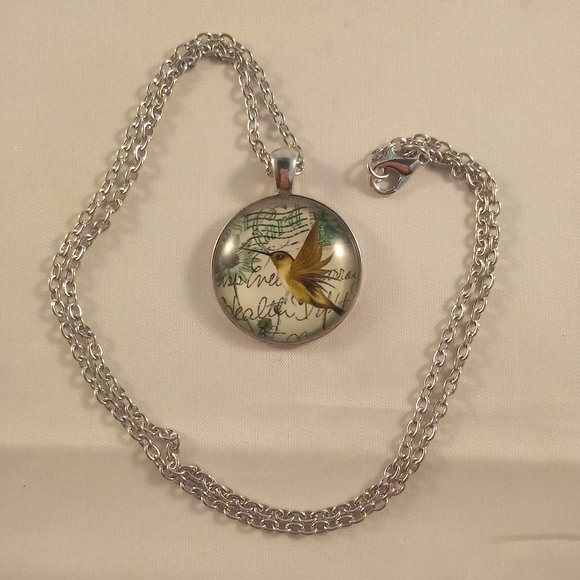 Silver Hummingbird Flower Cabochon Pendant Necklace 20" Party Gift - Picture 3 of 3